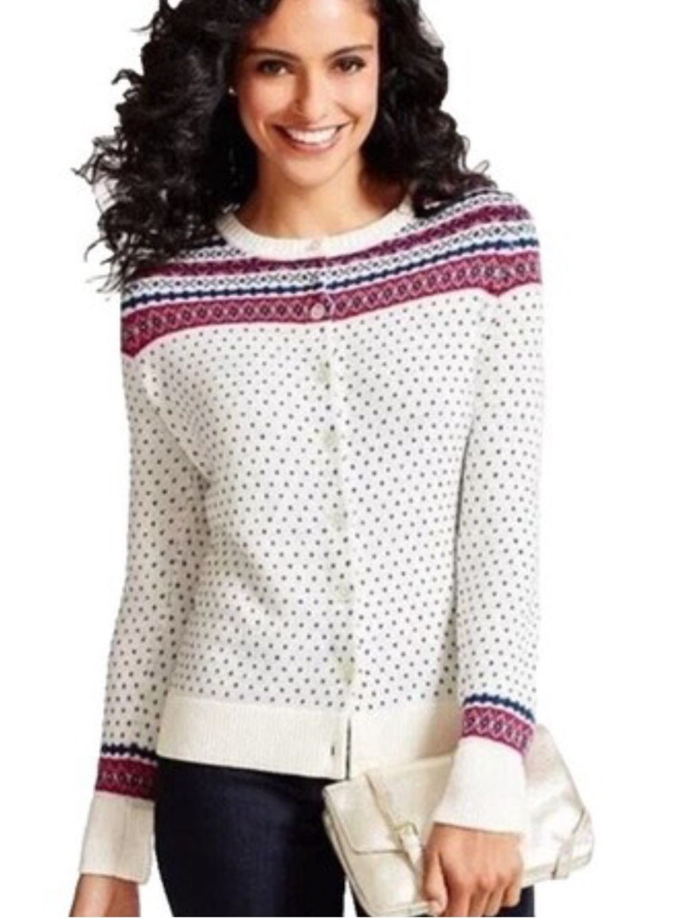 Talbots Lambswool Blend Fair Isle Cardigan in Navy & Pink Size XS